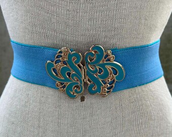 1980s turquoise swirly enamel buckle, vintage BUCKLE ONLY, funky accessory, eclectic style, maximalist disco fashion