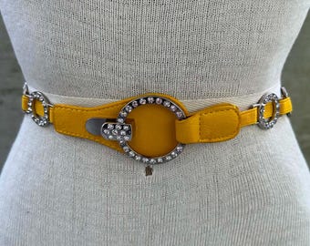 90s yellow rhinestones stretch belt, maximalist style elastic waistband, sparkly round rings, glamorous fashion statement wear