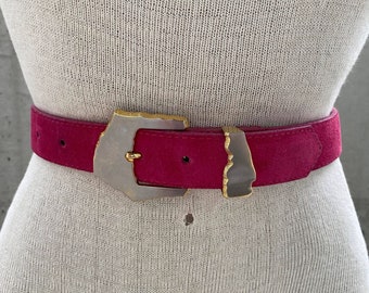 80s pink suede belt, vintage emmanuel belt, magenta signature belt, silver and gold tone buckle, genuine leather, fashion aesthetic jewelry