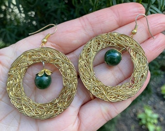 Vintage round bird nest earrings, hollow disk dangling hoop earrings, gold tone and green, bird nest filigree, valentines gift, hoops
