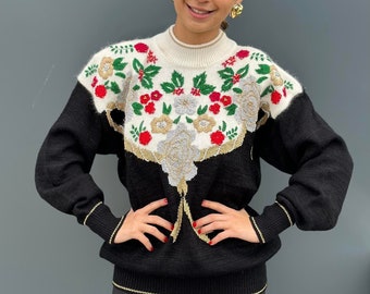 Women's Black/colorful Floral Embroidered Zip up Sweater Cardigan/wool  Jumper 