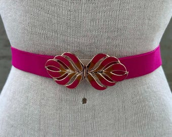 80s pink elastic belt, pink beige and gold tone enamel leaf buckle, leaves buckle, tropical resort wear accessories, autumn fashion style