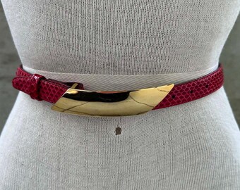 80s Ceinture Canada belt, Vtg red genuine reptile veritable belt, skinny dress belt, mirror gold tone buckle, femme fatale, lady in red