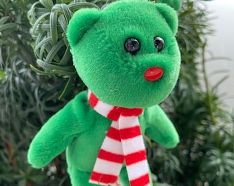 Set of 2 Windchill bear ty beanies, christmas tree decoration, xmas hanging ornament, 2000's ty beanie collection, green bear with scarf