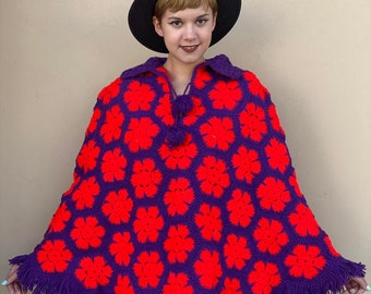 Vintage flower hexagon granny poncho, red and purple poncho, 70s crocheted poncho, pullover floral tops, vintage lover christmas gift