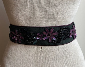 Victorian style bridal belt, 80s floral beaded belt, 3d flowers, sequined purple floral waist belt, black fashion statement, wedding belt