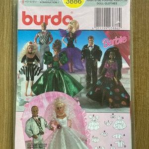 May include: Burda sewing pattern number 3886 for Barbie doll clothes. The pattern includes instructions for making a variety of outfits, including a wedding dress, a tuxedo, and several evening gowns. The pattern is printed on a pink background with a black and white barcode.