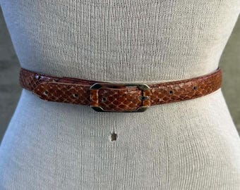 Vtg 80s genuine snakeskin brown leather belt, rectangular buckle, preppy normcore fashion, sophisticated minimalist style, corporate style