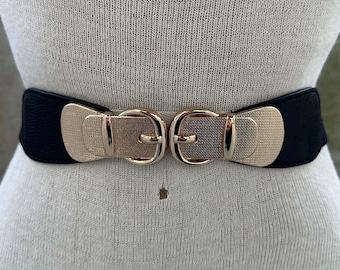 Vintage 80s Black Elastic Belt, Double Buckle Waist Accessory, Gold Hardware, Modern Classic, Sophisticated Editorial Style