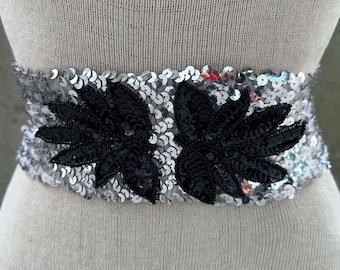 80s silver elastic sequined belt, vintage sequins and beads wide waistband, black sequined applique, Gatsbyesque fashion, roaring twenties