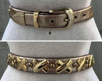 80s Lan gold tone genuine bonded leather belt, X and O gold tone hardware, maximalist glam rock chica fashion, chic cowgirl aesthetic