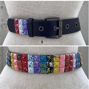 Y2K multicolor studded belt, vintage goth metal belt, pyramid studs, splash of paint, punk rock accessories, glam punk fashion, garage rock