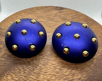 80s Dallesio design chicago clip on earrings, chunky blue earrings, encrusted gold tone balls, maximalist fashion style, costume jewelry