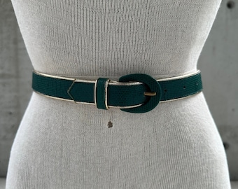 90s iguana grain lizard leather belt, Vintage thin teal belt with gold accents, bold business casual attire, minimalist chic fashion style