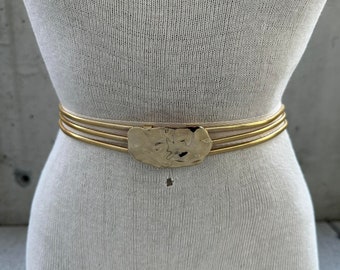 Vintage 70's Pauline Trigere belt, gold tone triple serpentine chain, gold abstract buckle, haute couture, brutalist style, maximalist chic