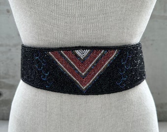 vintage black beaded belt,velvet, Beaded. wide sash or cummerbund-style piece. Black Iridescent Rainbow Sequin and Beaded Art Deco Wide  main image 2