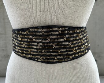 Cumberbund Belt, Beaded Belt, Black, Gold, Amber, Medium  display picture 1