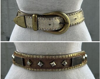 90s Leatherock belt, vintage gold tone studded leather belt, gold metal mesh, glam rock cincher, steampunk style, maximalist statement belt