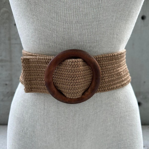 Y2K brown spandex belt, vintage tan woven waistband, brown rounded wood buckle, wide braided belt, summer dress belt, boho hippie fashion