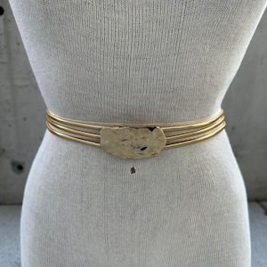 Vintage 70's Pauline Trigere belt, gold tone triple serpentine chain, gold abstract buckle, haute couture, brutalist style, maximalist chic