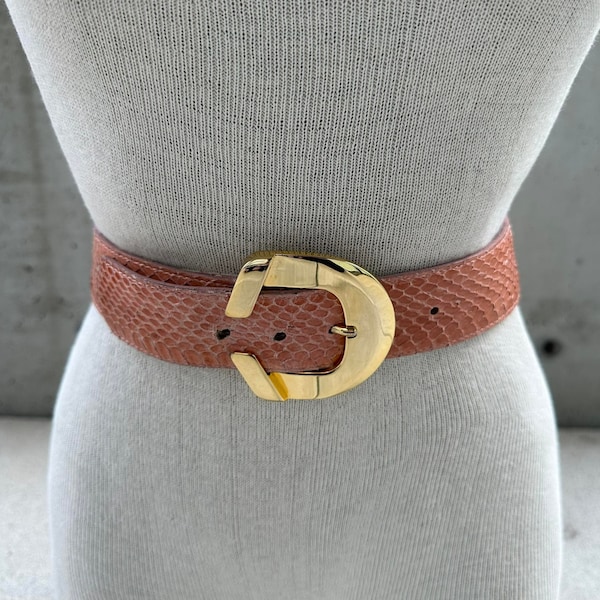 Vintage Landes belt, 80s dusty pink genuine snakeskin belt, wide pink belt, gold tone buckle, classic style gals, maximalist statement belt