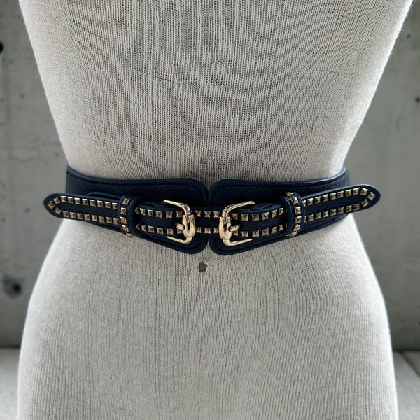 Vintage pickled bluewood studded belt, faux leather cincher, gold tone double buckle, cyberpunk fashion, rock festival wear, glamrock chica