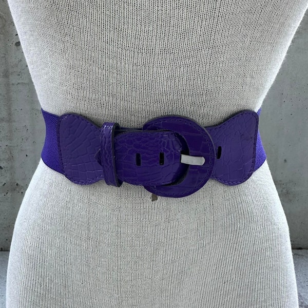 80s Omega belt co, Vintage purple elastic belt, faux patent leather tabs, stretch waist belt, statement accessory, maximalist fashion