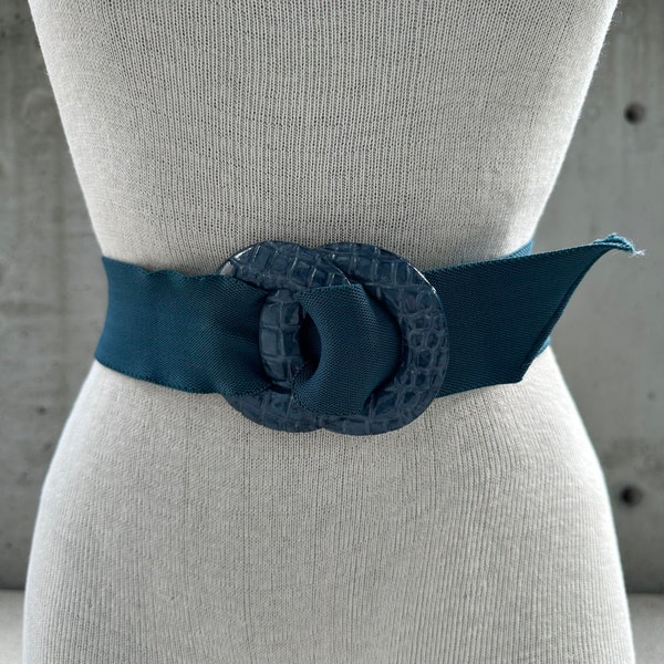 Vintage 80's teal stretch cinch belt, teal textured double round buckle closure, retro elastic belt, maximalist safari look, wide belt women