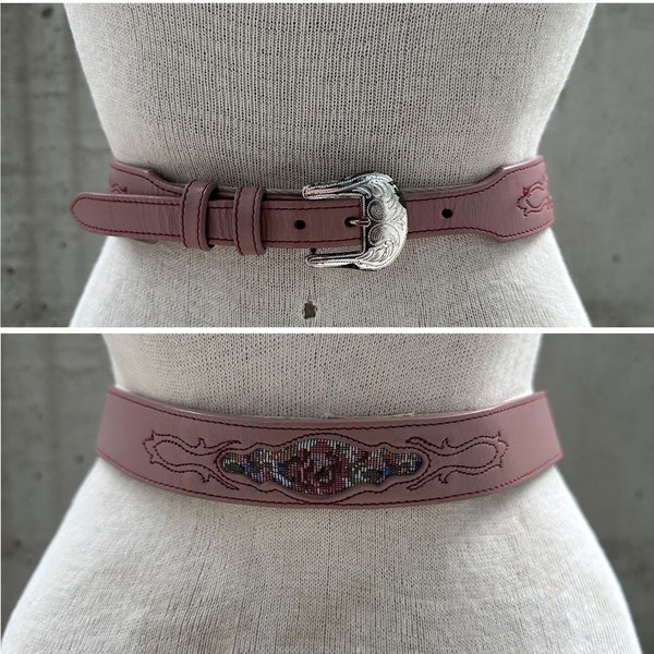 Vtg Silver Creek belt, 80s baby pink genuine leather belt, floral petite point, southwestern style, boho western accessory, rodeo fashion