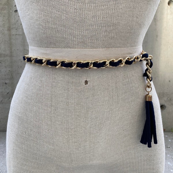 90s navy blue chain link belt, gold tone chain accessories, navy blue tassel, french fashion house inspired, colorful maximalist style women