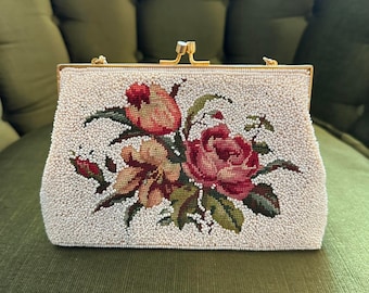 1960s petit point floral tapestry bag, vintage off white beaded floral purse, needlepoint clutch, la belle epoque fashion, romantic coquette