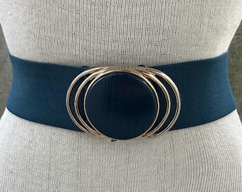 Vtg 80s teal elastic belt, large teal and gol tone buckle, sophisticaded style, transformative teal ethereal maximalist look