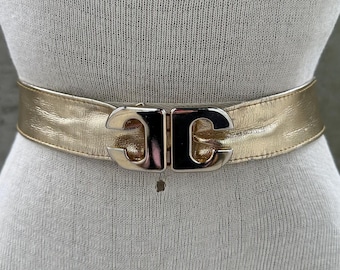 Vintage 80s Century belt, metallic gold tone faux leather belt, C shaped golden clasp buckle, maximalist waist wear, disco fashion waistband