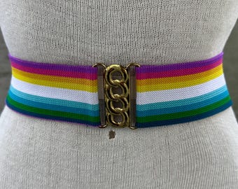 80s rainbow elasticated belt, gold tone chain shaped buckle, stretchy waistband, eclectic style, maximalist fashion, pride accessories