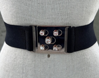 Y2K Ardene Spain black elastic belt, gold square rhinestone buckle, fashion statement modeway waistband, gala dress belt, glitz and glam