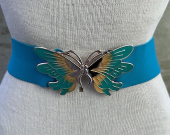 80s turquoise elastic belt, turquoise and gold tone enamel butterfly buckle, hourglass cincher, kidcore waistband, aqua maximalist fashion