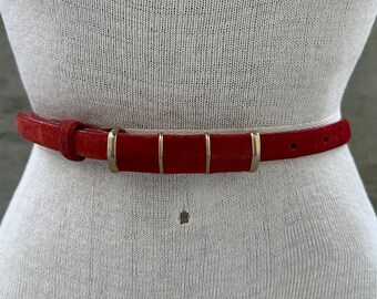 80s WWorth belt, vintage burnt orange suede dainty belt, rectangular covered buckle, sophisticated style, maximalist fashion, stage prop