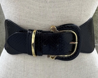 Vtg 80s Dorothy Perkins Black Elastic Waist Belt, Chunky Black Gold Buckle, Faux Crocodile Tabs, Statement Waistband, Old Money Glam Fashion