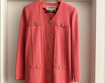 Robe de cérémonie corail/rose des années 80, robe midi en tricot rose, boutonnage doré sur le devant, robe de travail pour femmes, robe corail d'entreprise, affaires