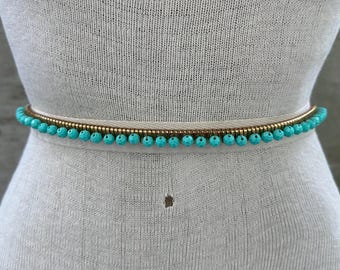 Vtg 70s gold tone serpentine stretch belt, turquoise faceted beads, maximalist glam rock fashion, high end western wear, southwestern luxe