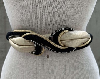 Cinturón vintage único, trenzado en tonos negro y dorado, de cuerda de nailon con nudo, elegante accesorio para mujer, ideal para la fiebre disco maximalista.