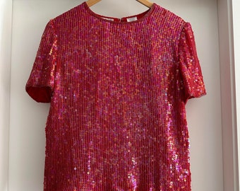 80s Braemar by Michelle Monet red sequin blouse, vintage sequined and beaded red top, las vegas maximalist attire, ginger spice chic fashion