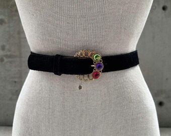 80s Charles Garre Belt, Navy Blue Elastic Belt, Gold Tone 
