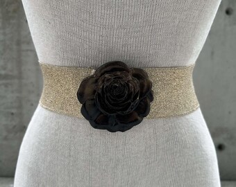 80s Gold Tone Metallic Elastic Belt, Metal Belt Buckle  display picture 1