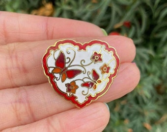 Vintage heart shaped cloisonne brooch, valentines day gift, enamel pin, butterflies and flowers motif, white and read brooch, brooches lover
