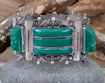 クラシック 40s Mexican Sterling Silver Bracelet, Green Onyx Carved Face アクセサリー