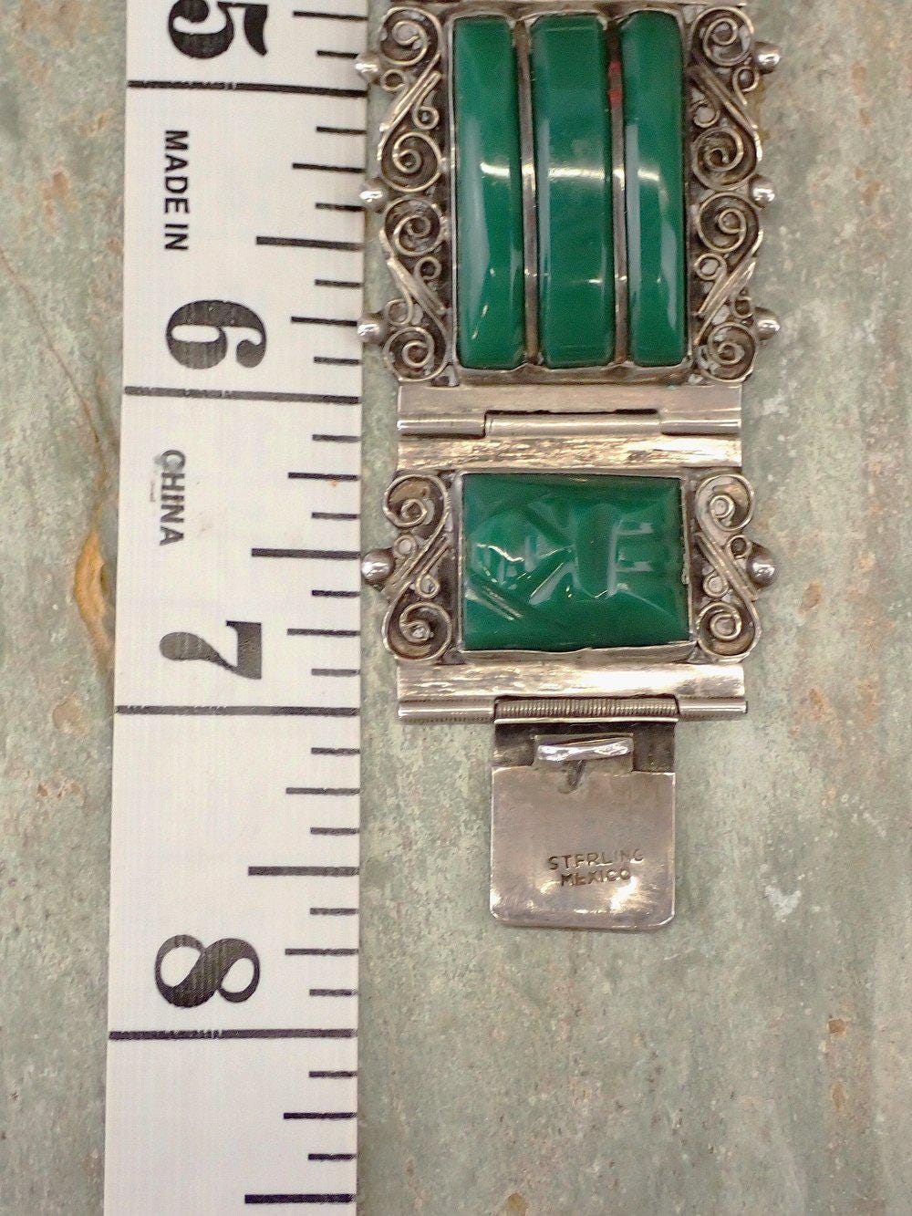 40s Mexican Sterling Silver Bracelet, Green Onyx Carved Face 40s Mexican Sterling Silver Bracelet, Green Onyx Carved Face