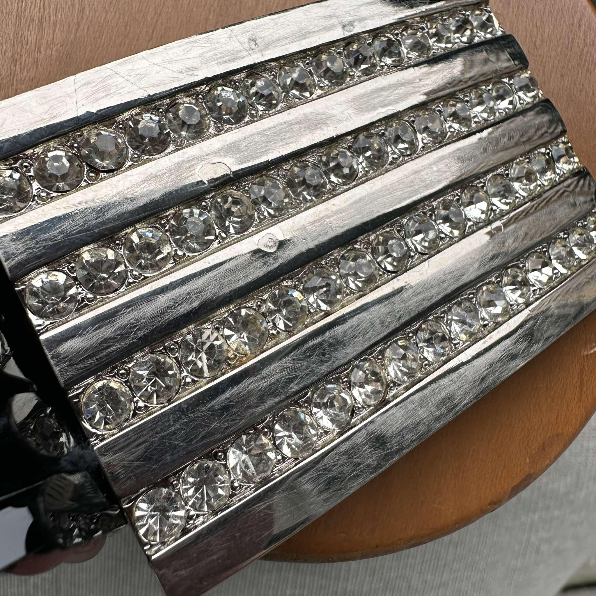 1970’s Vintage Fish Scale Elastic Belt with large Oval Clear Rhinestone’… Vintage 70s Fish Scale Belt, Black Mermaid Tail Waistband  main image 3