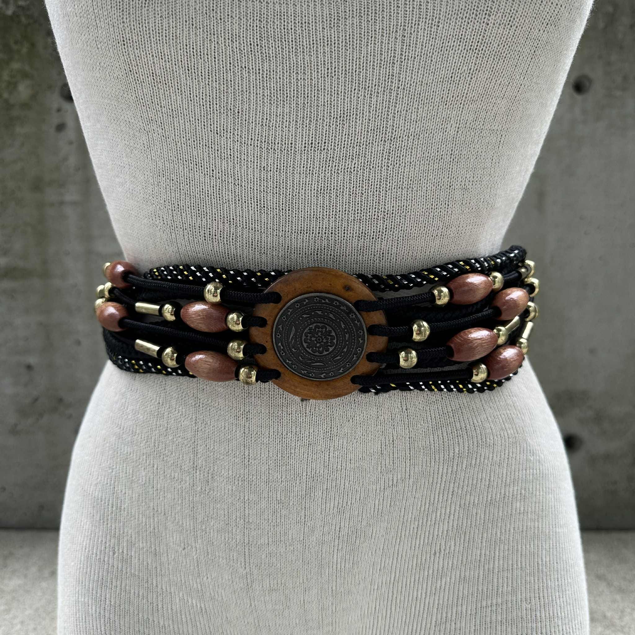 80s Black Boho Rope Belt Embellished With Wooden Beads  display picture 1