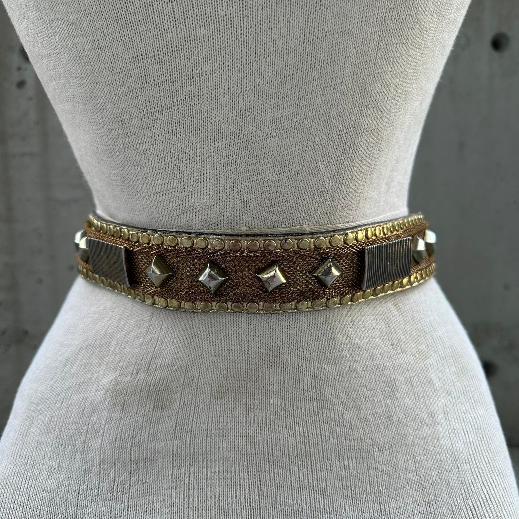 90s Leatherock Belt, Vintage Gold Tone Studded Leather Belt  display picture 1